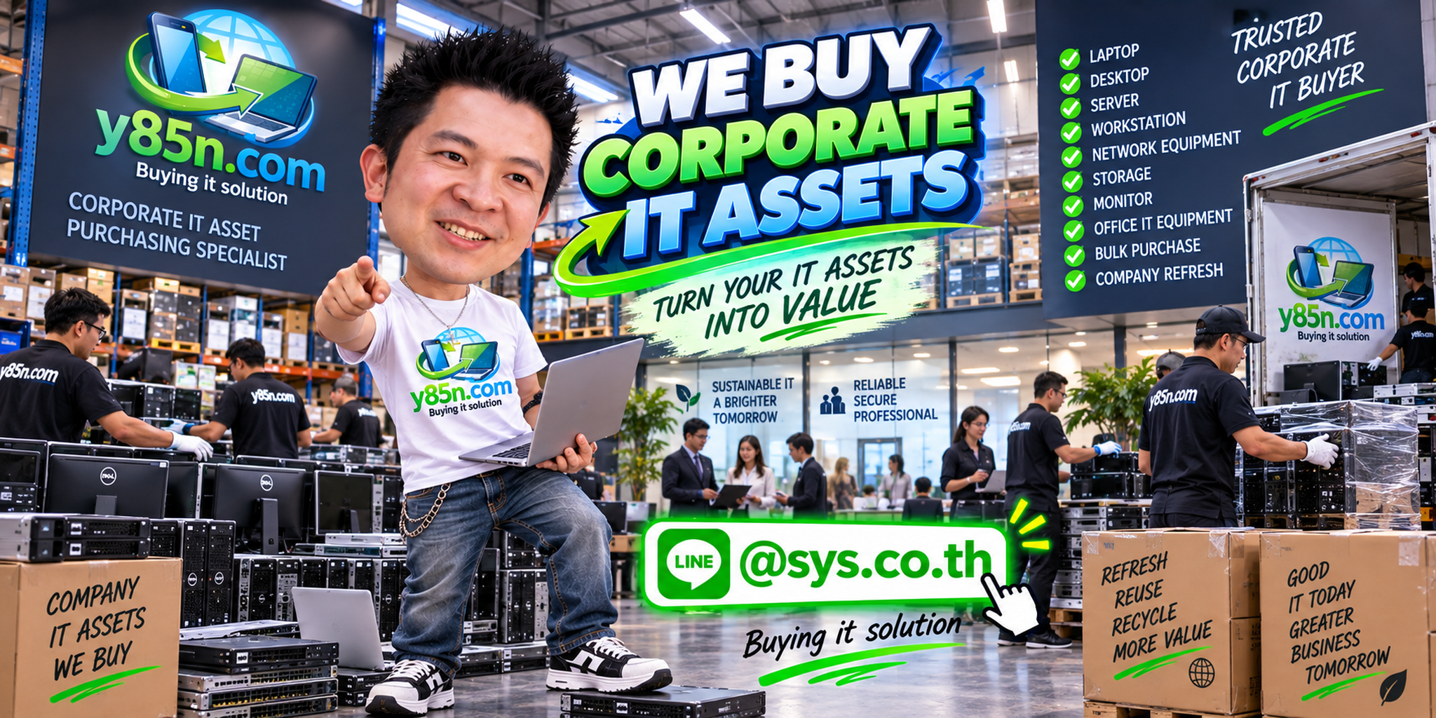 Y85N.com corporate IT asset buying warehouse with teams handling business technology