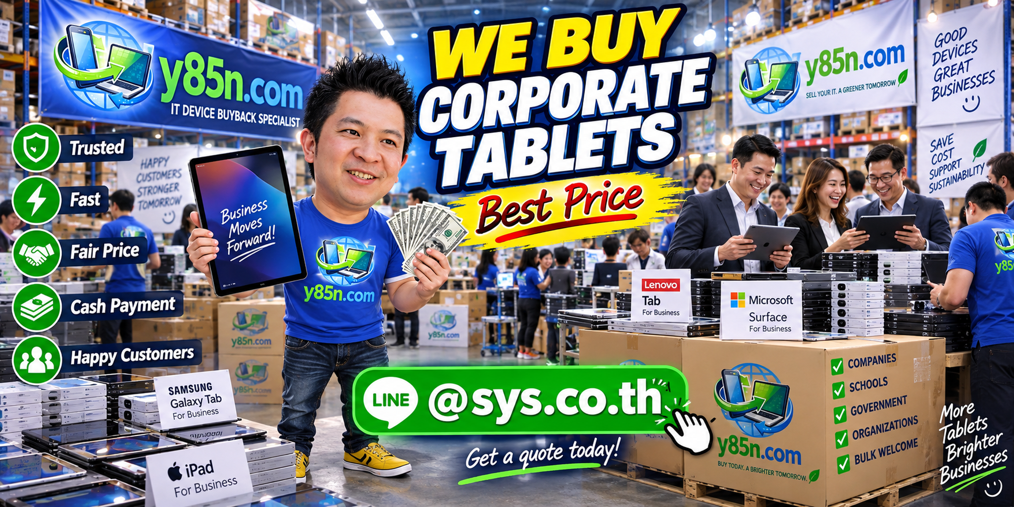 Y85N.com warehouse buying corporate tablets from businesses and international sellers in Thailand