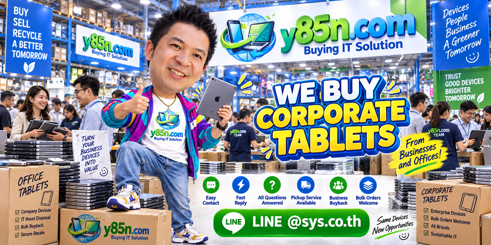 Y85N.com corporate tablet buying contact banner with LINE at sys.co.th