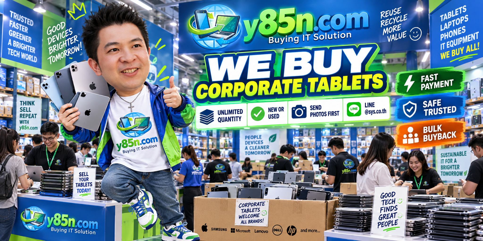 Y85N.com busy warehouse buying corporate tablet fleets from companies in Thailand