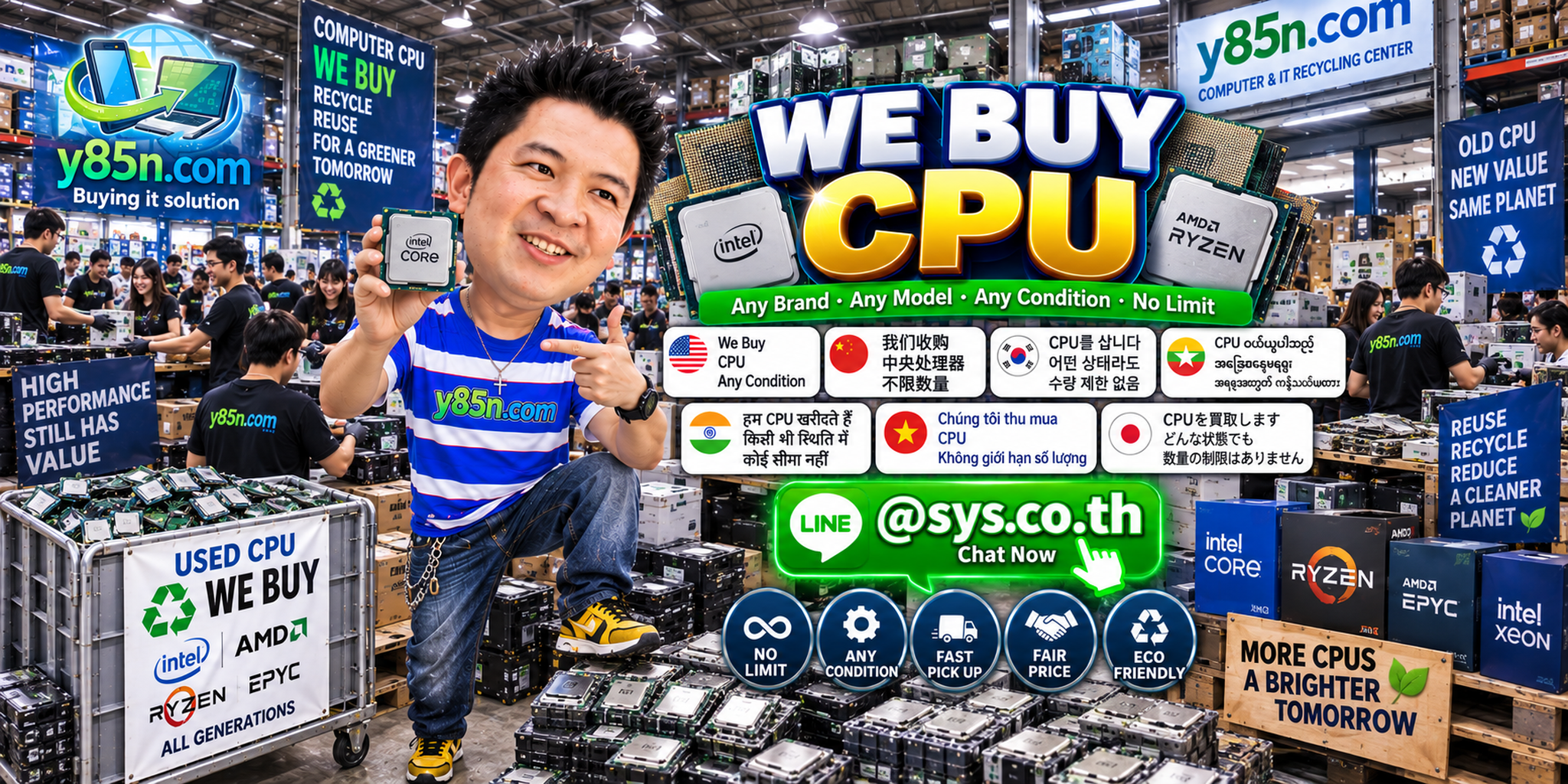 Y85N.com team and customers at a busy CPU buying warehouse