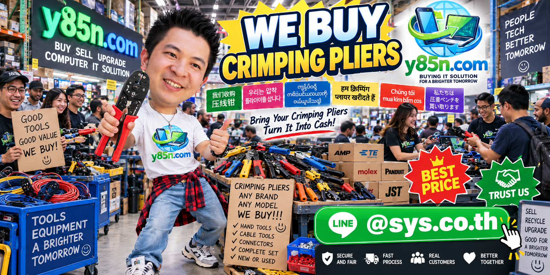 Y85N.com warehouse buying used professional crimping pliers with international seller messaging