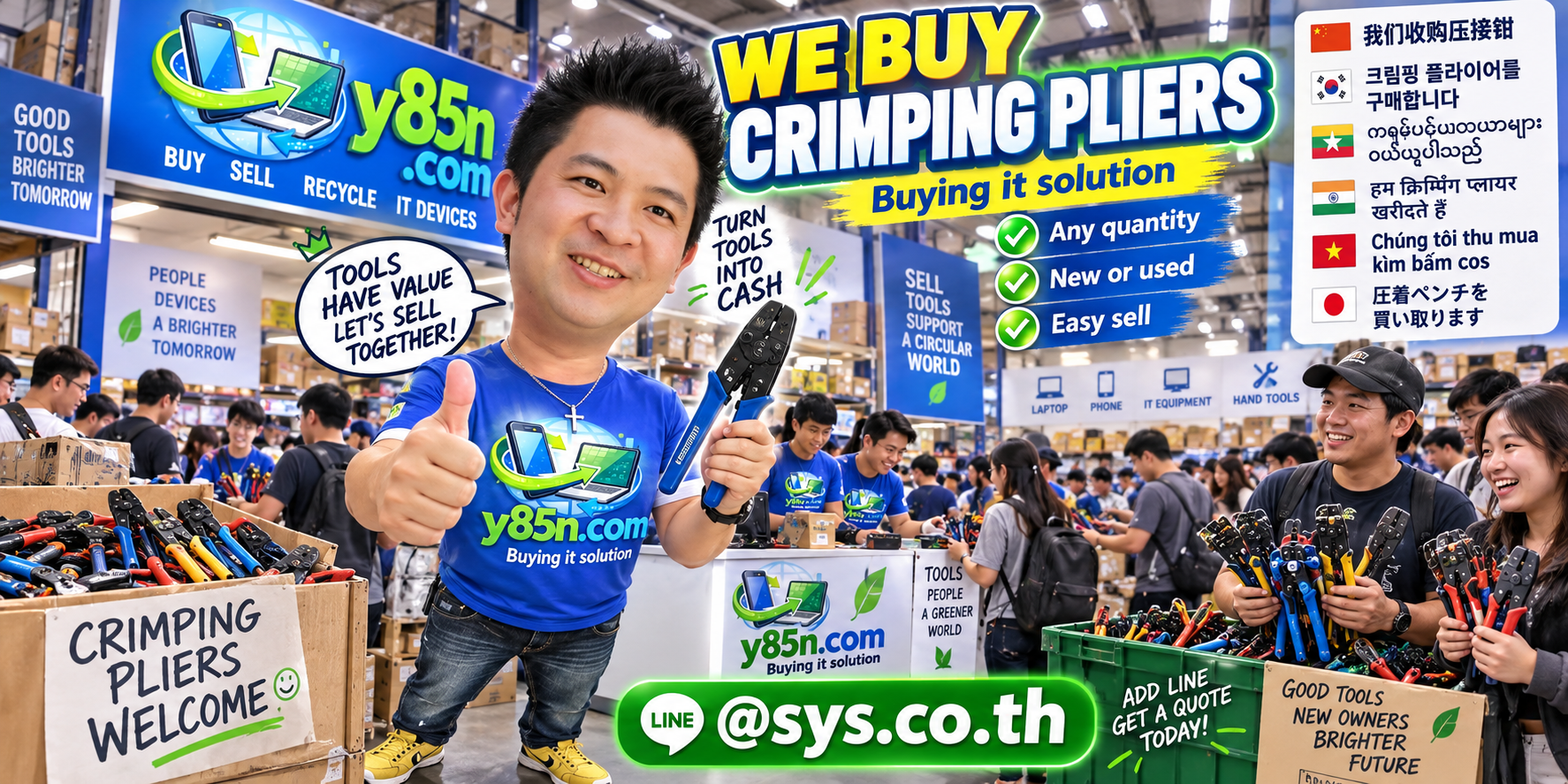 Y85N.com team and customers at a busy warehouse buying professional crimping pliers
