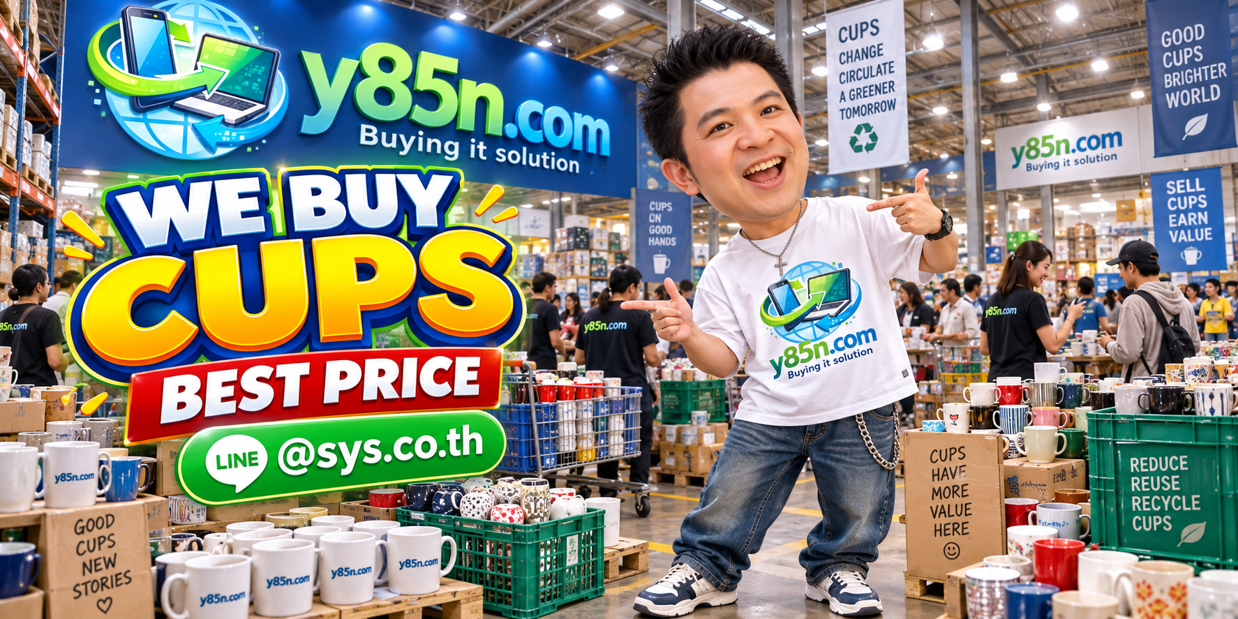Y85N.com warehouse buying used cups and bulk drinkware with international seller support