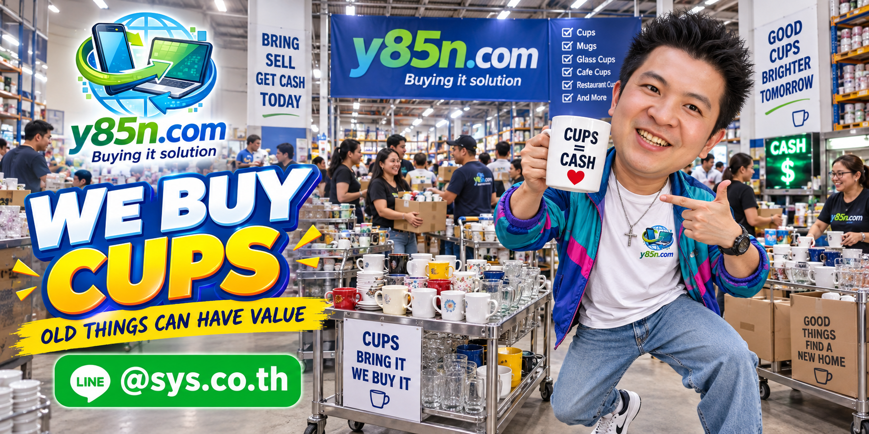 Busy Y85N.com warehouse showing a cup buying service for used and bulk cups in Thailand