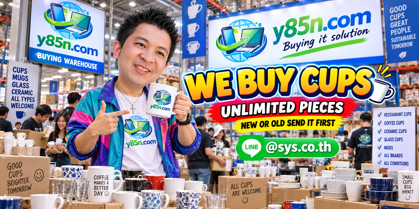 Y85N.com team and customers at a busy warehouse with cups and drinkware