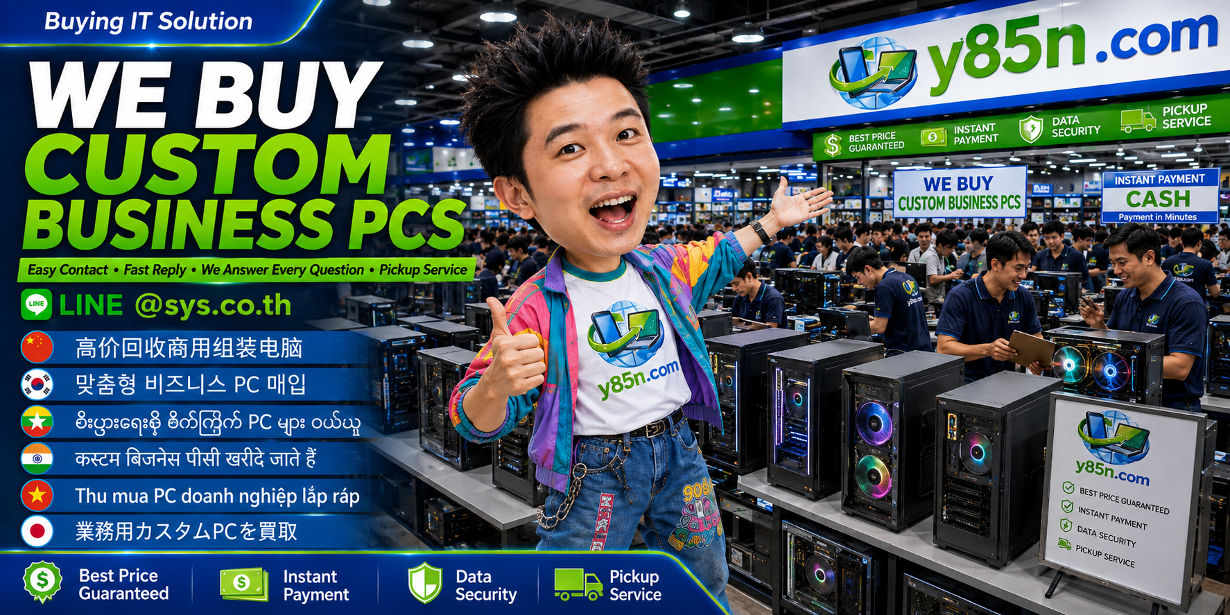 Y85N.com custom business PC buying service contact banner with LINE at sys.co.th