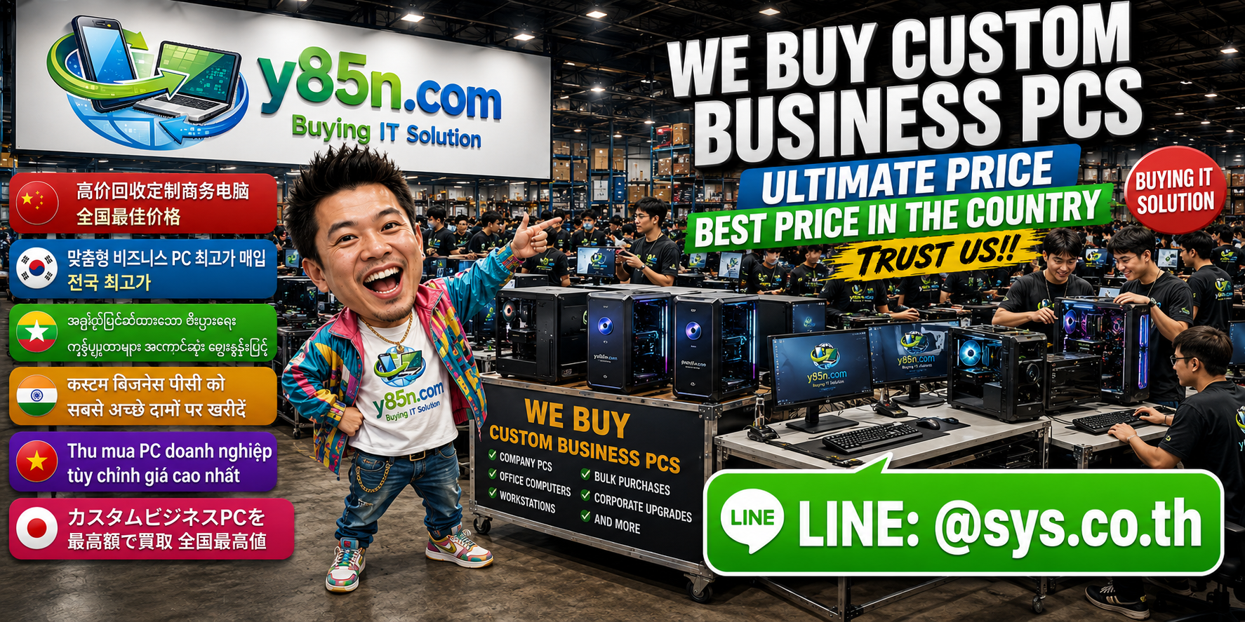 Busy Y85N.com warehouse buying custom business PCs from companies and international sellers in Thailand