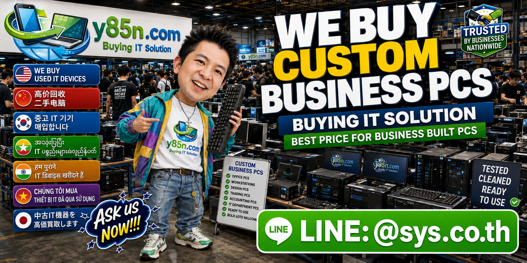 Y85N.com warehouse evaluating custom business PCs and corporate workstation fleets in Thailand