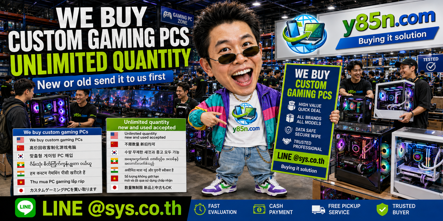 Y85N.com warehouse buying custom gaming PCs with international seller messaging