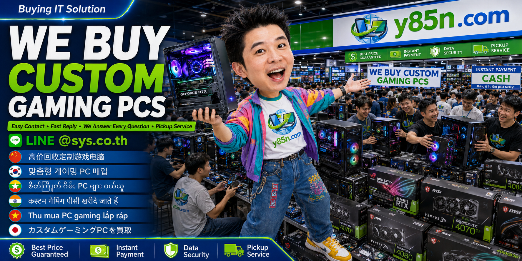 Y85N.com custom gaming PC buying service contact banner with LINE at sys.co.th