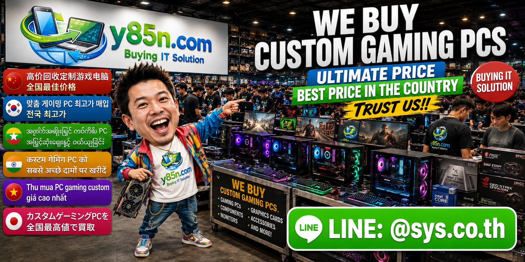 Busy Y85N.com computer warehouse buying custom gaming PCs in Thailand