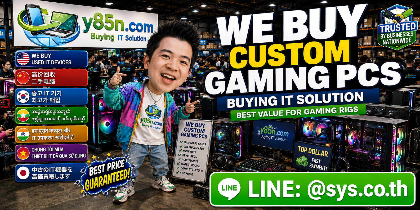 Y85N.com team evaluating custom gaming PCs and gaming hardware in a busy computer warehouse