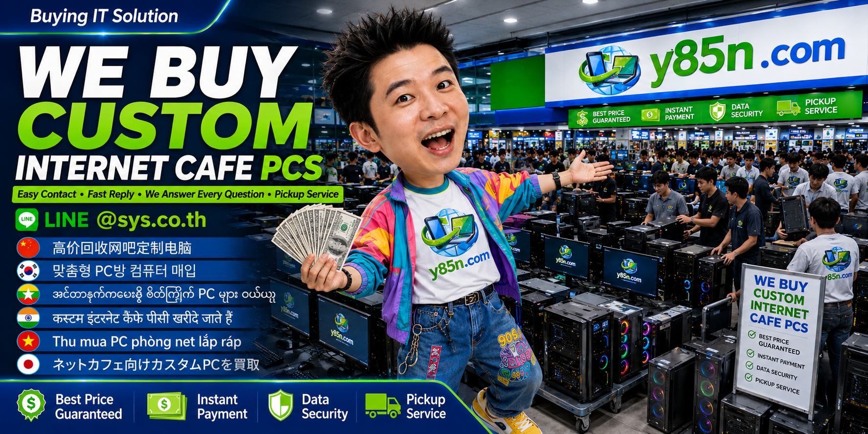 Y85N.com custom internet cafe PC buying contact banner with LINE at sys.co.th