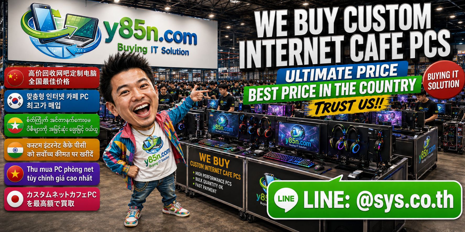 Y85N.com buying custom internet cafe PCs at a busy computer warehouse in Thailand