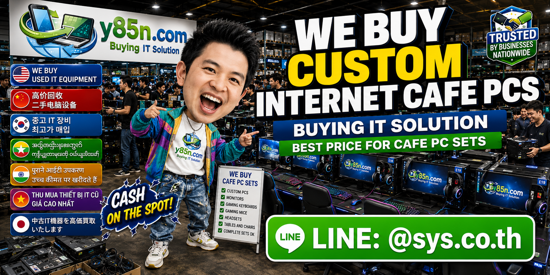 Custom internet cafe PCs and gaming systems being evaluated at the Y85N.com IT warehouse