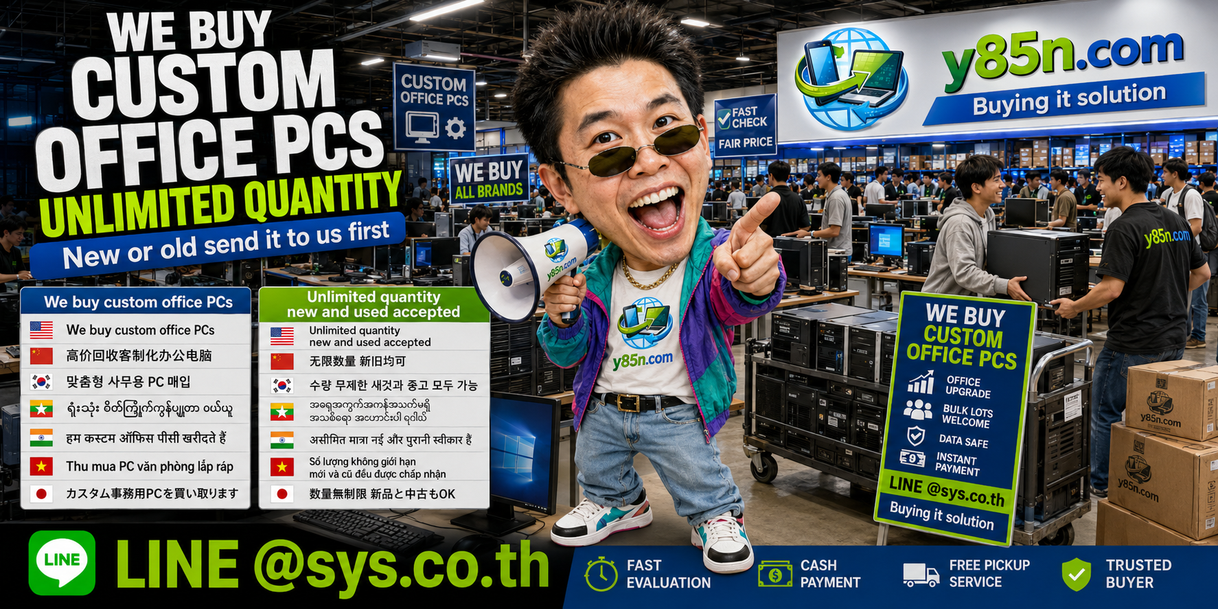 Y85N.com warehouse buying used and bulk custom office PCs in Thailand