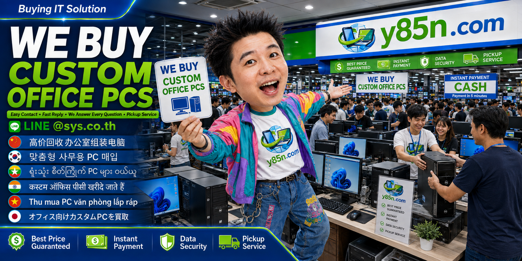 Y85N.com custom office PC buying contact banner with LINE sys.co.th