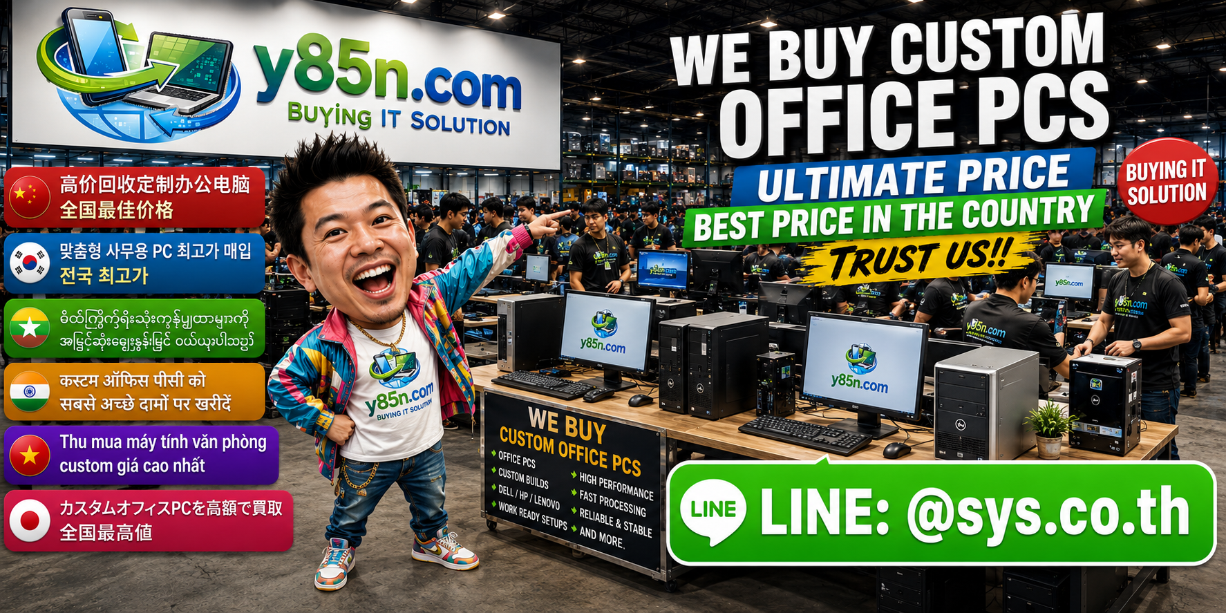 Busy Y85N.com warehouse buying custom office PCs in Thailand