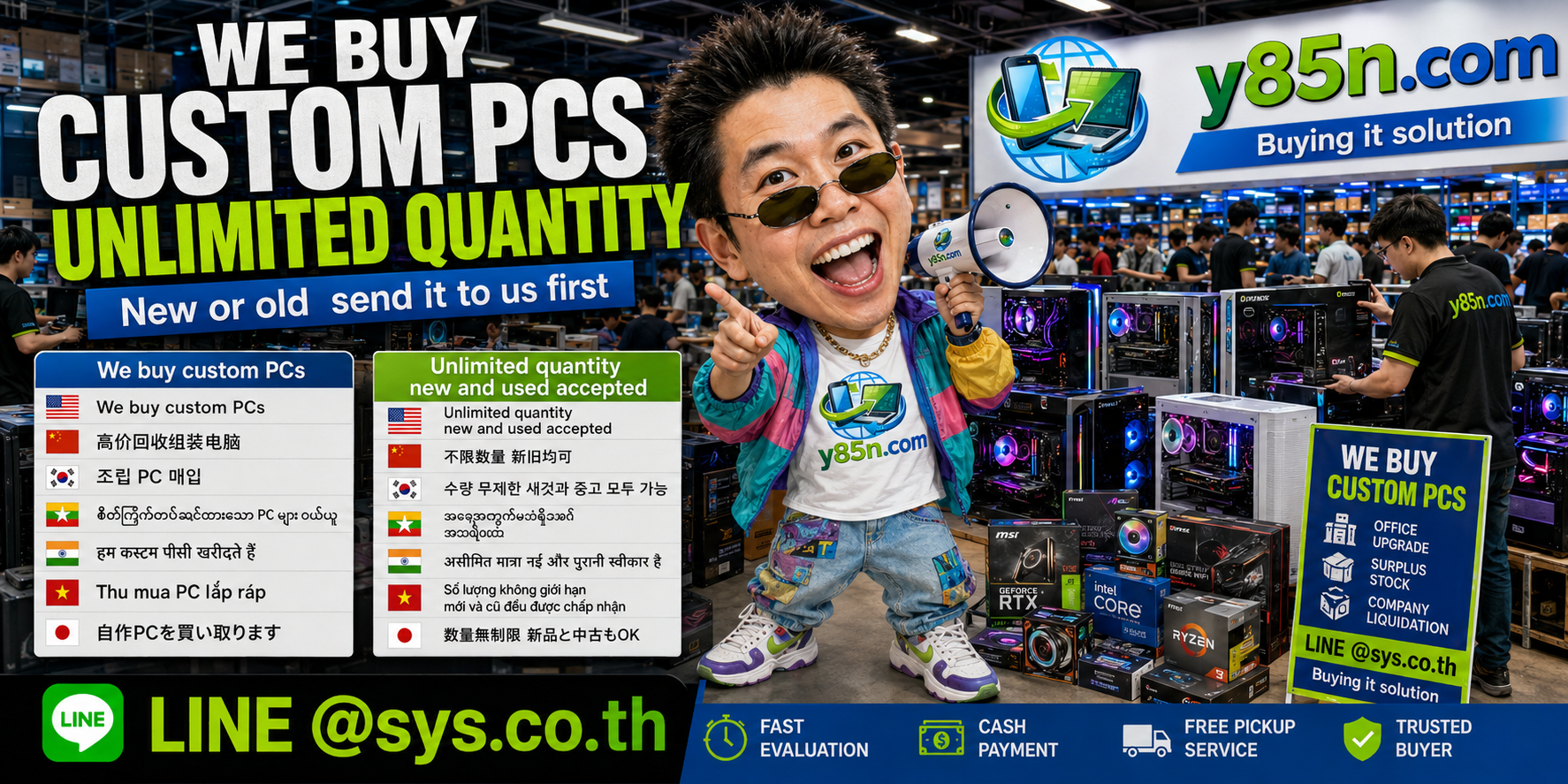 Y85N.com warehouse buying custom PCs with international seller support