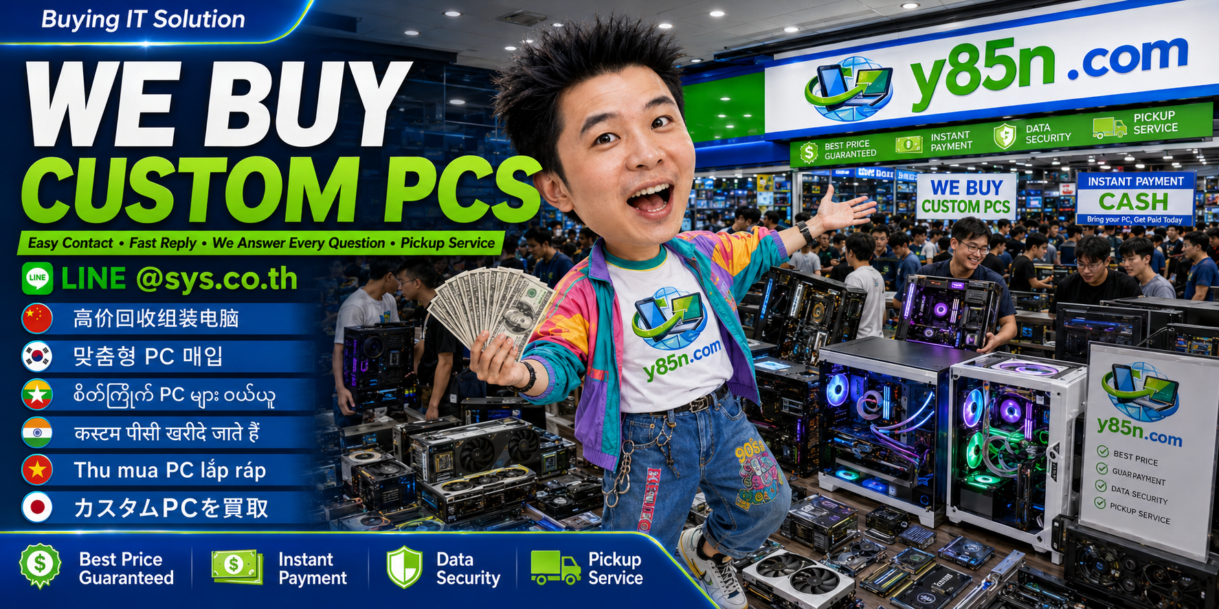 Y85N.com custom PC buyer contact banner with LINE at sys.co.th