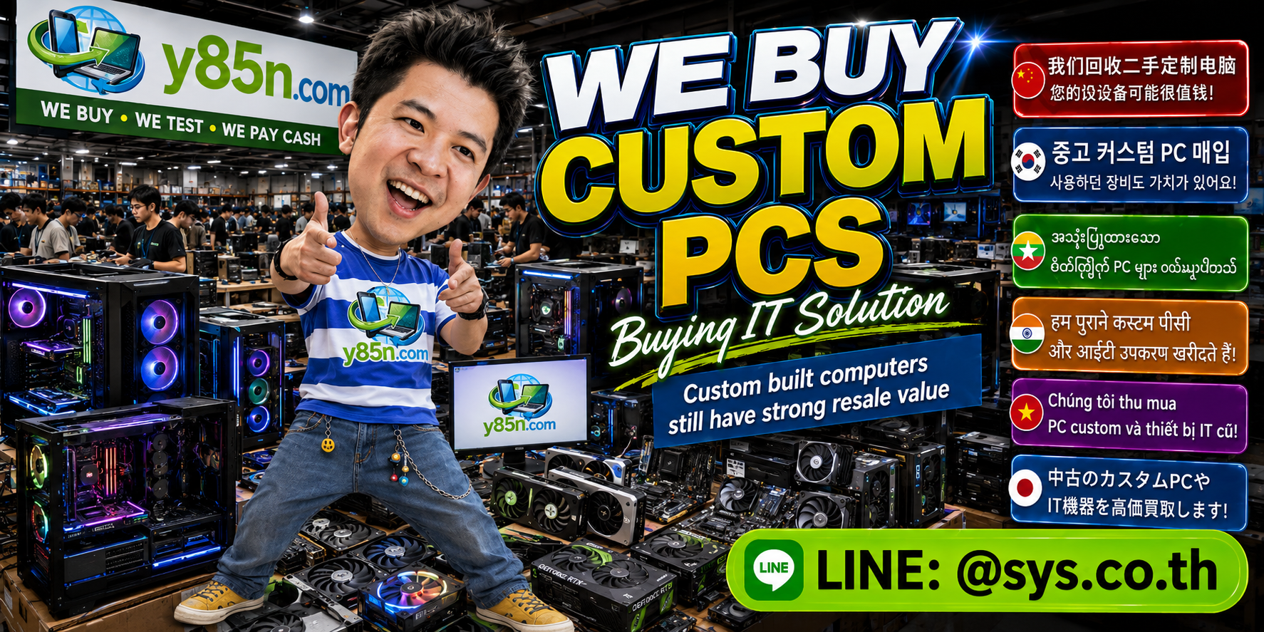 Y85N.com custom PC buying warehouse with gaming computers and customers