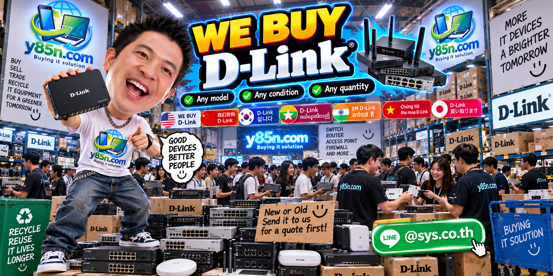 Y85N.com team and customers at a busy D Link network equipment buying warehouse