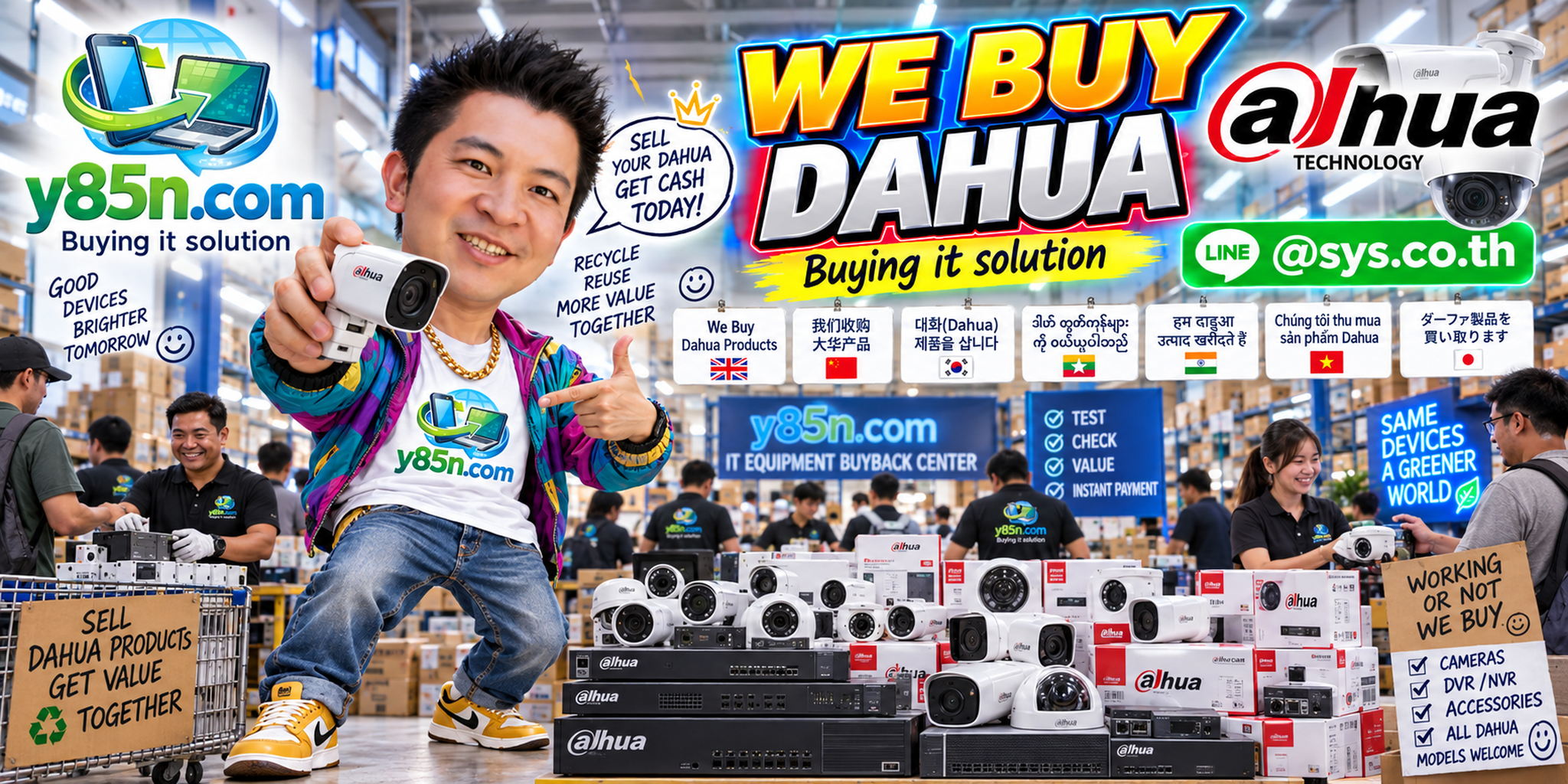 Busy Y85N.com warehouse buying used Dahua cameras and security equipment in Thailand