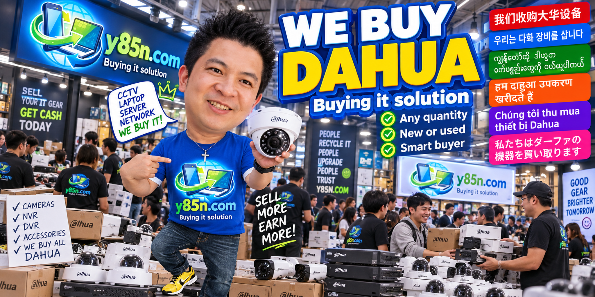 Y85N.com team and customers at a busy warehouse buying used Dahua CCTV equipment