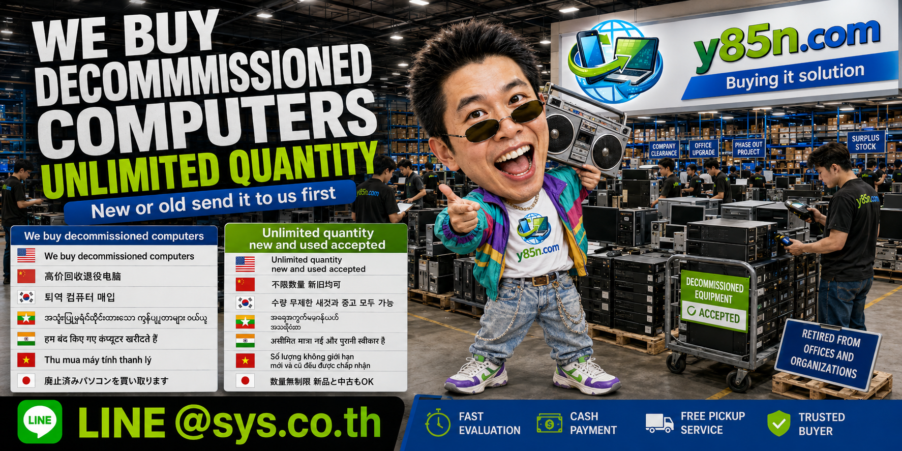 Y85N.com warehouse buying decommissioned computers from companies across Thailand