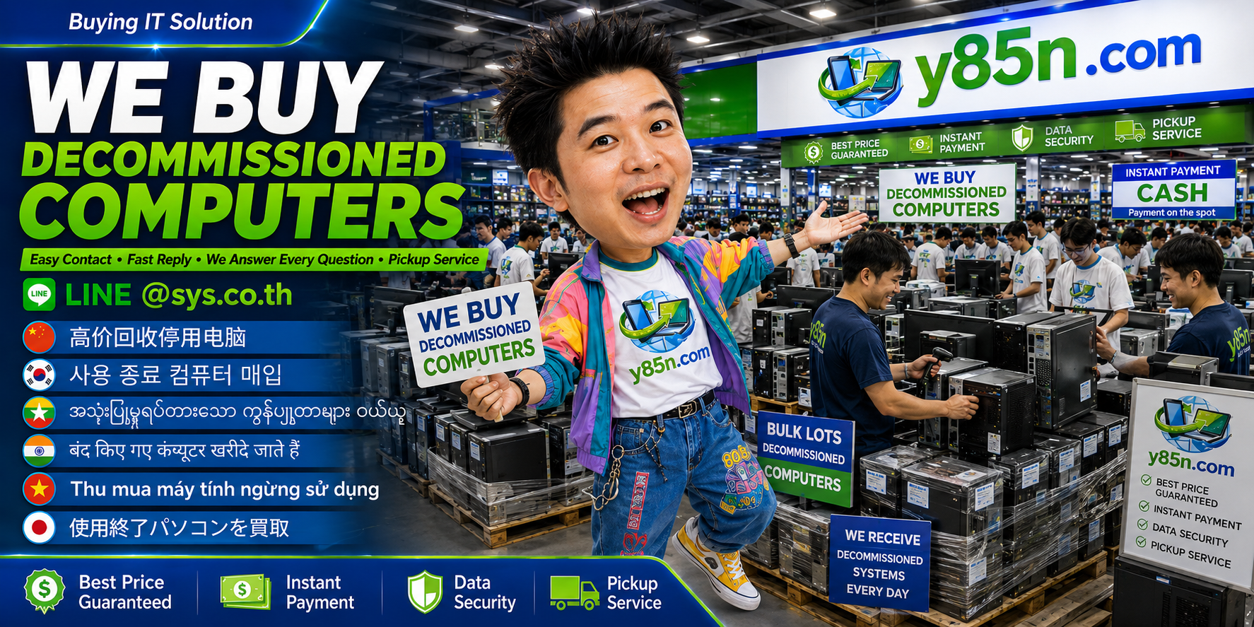 Y85N.com decommissioned computer buying contact banner with LINE sys.co.th