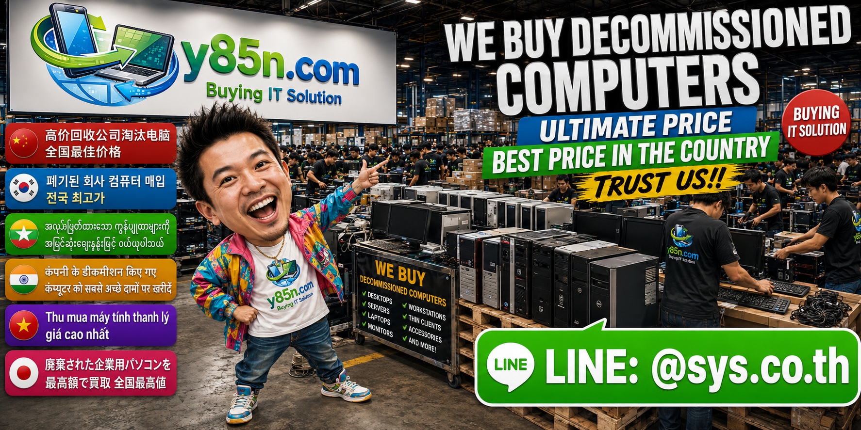 Busy Y85N.com IT warehouse buying decommissioned computers and retired corporate PCs in Thailand