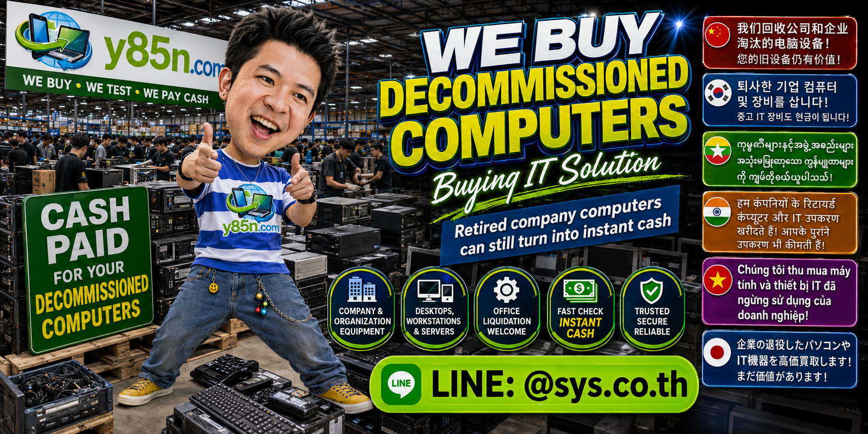 Y85N.com warehouse handling decommissioned computers and corporate computer liquidation projects