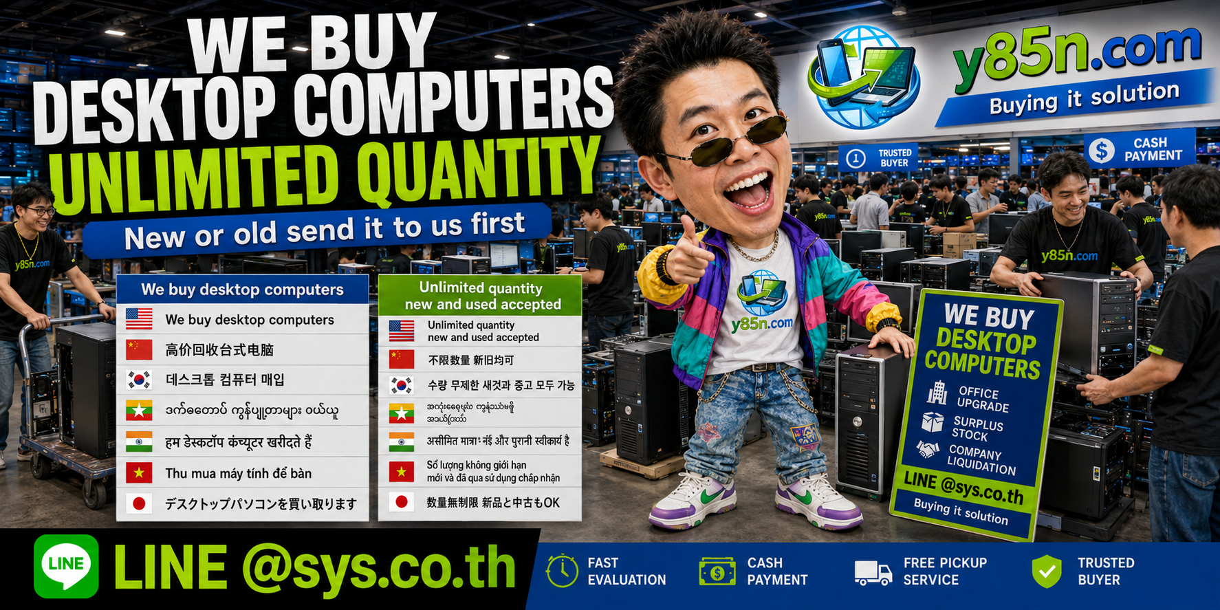 Y85N.com warehouse buying used desktop computers from international sellers in Thailand
