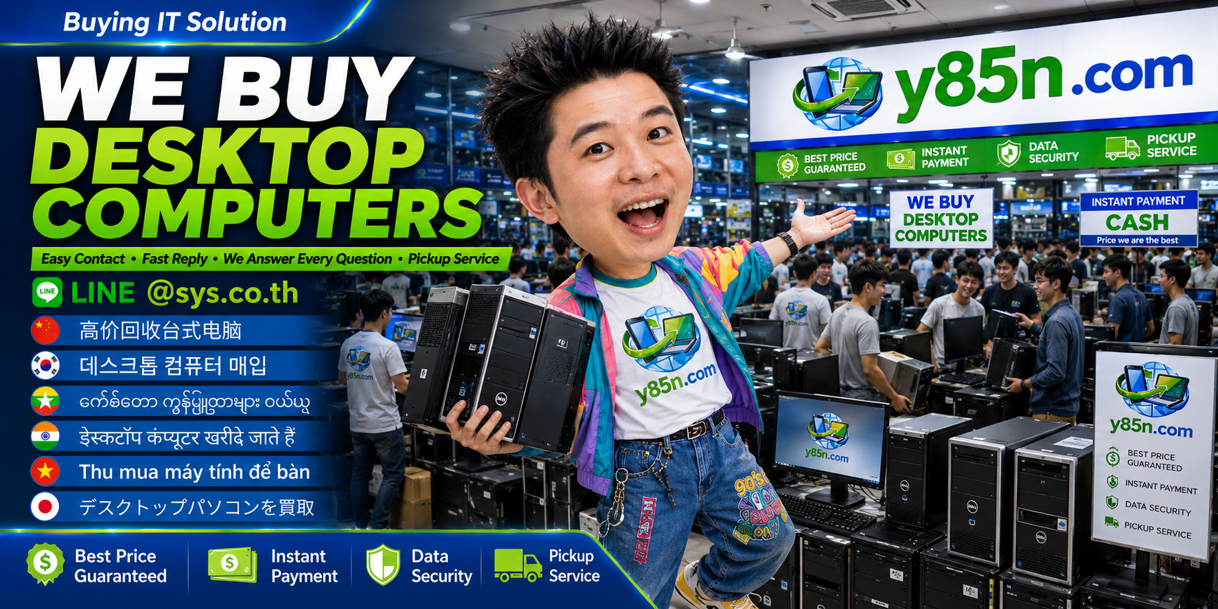Y85N.com desktop computer buying service contact banner with LINE sys.co.th