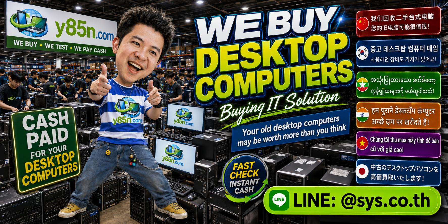 Y85N.com desktop computer warehouse with customers selling used office PCs in Thailand