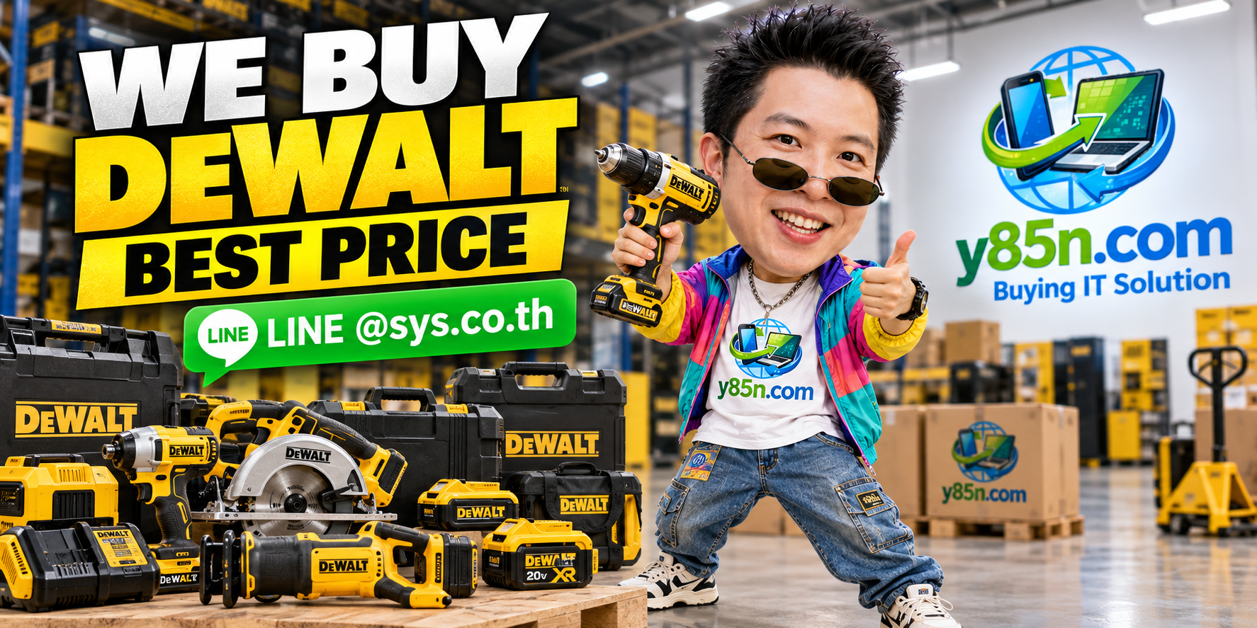 Y85N.com warehouse buying used DEWALT tools with international seller messaging