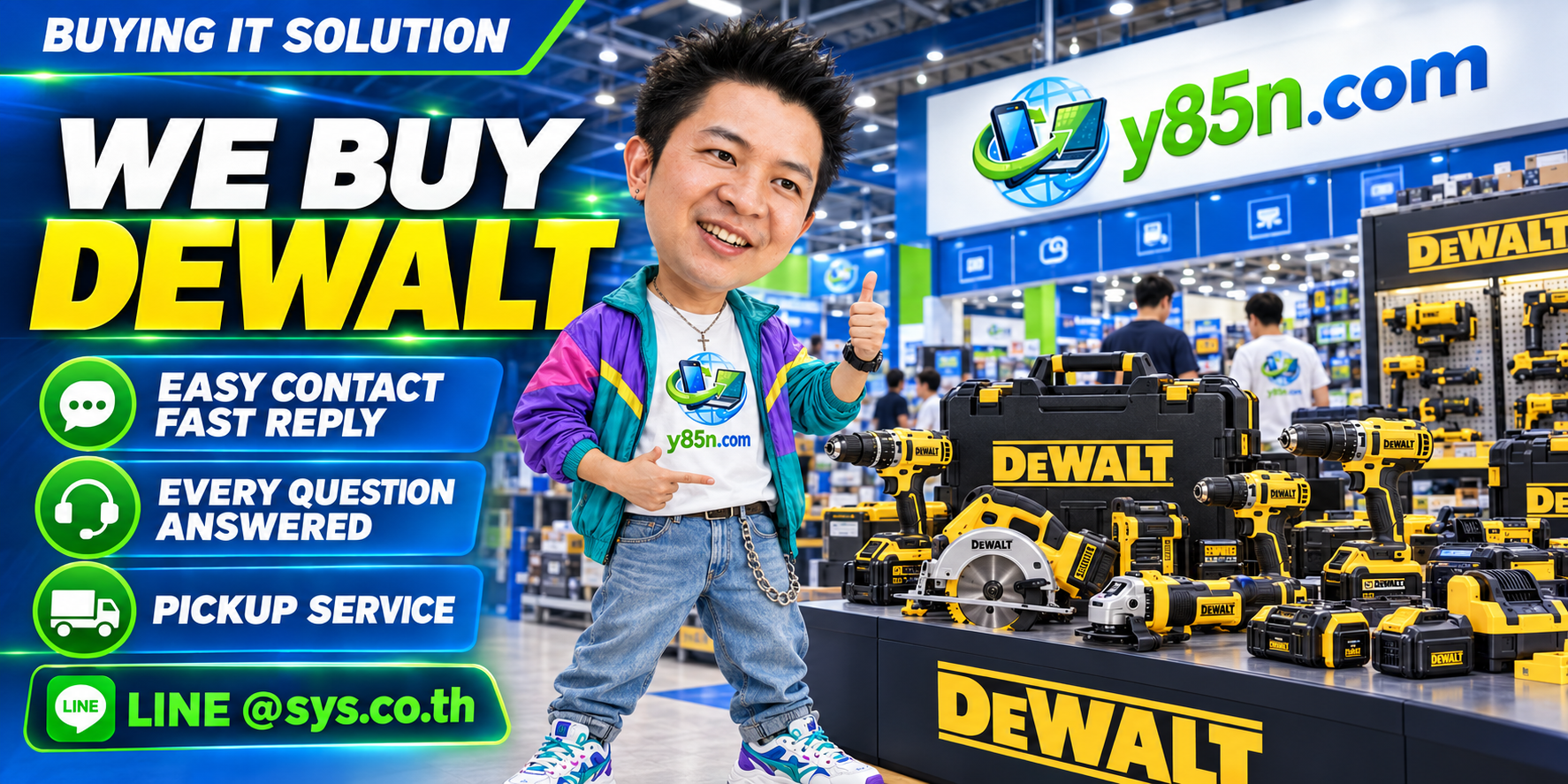 Y85N.com DEWALT tool buying service contact banner with LINE at sys.co.th