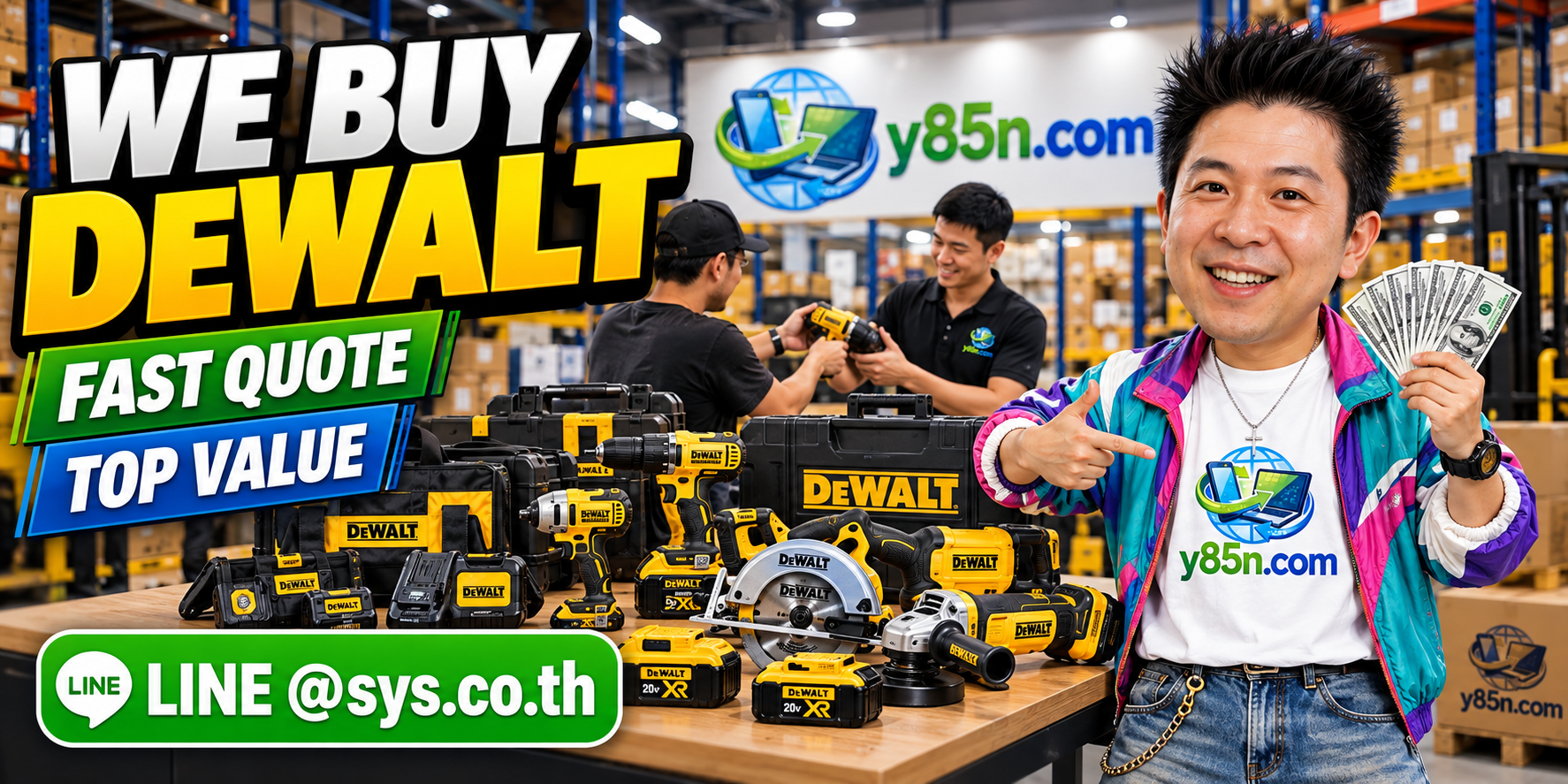Busy Y85N.com warehouse buying used DEWALT power tools in Thailand