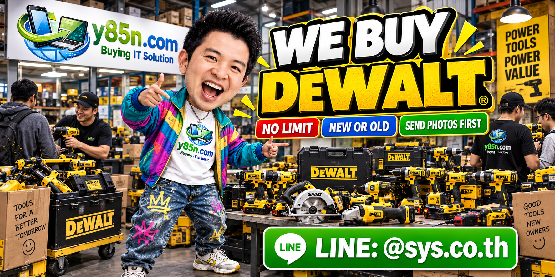 Y85N.com team and customers at a busy warehouse buying DEWALT tools