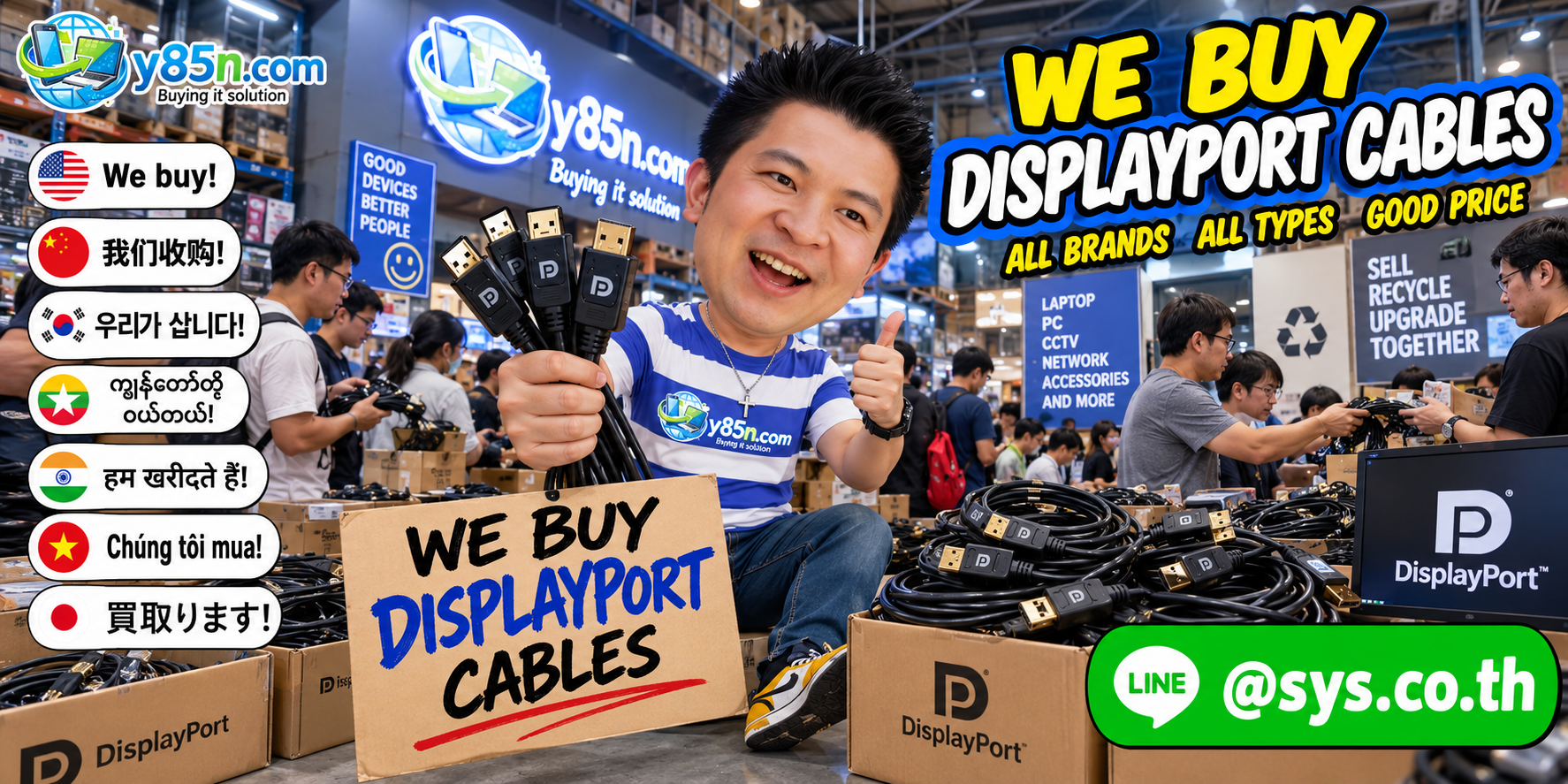 Y85N.com warehouse buying used DisplayPort cables with international seller messaging