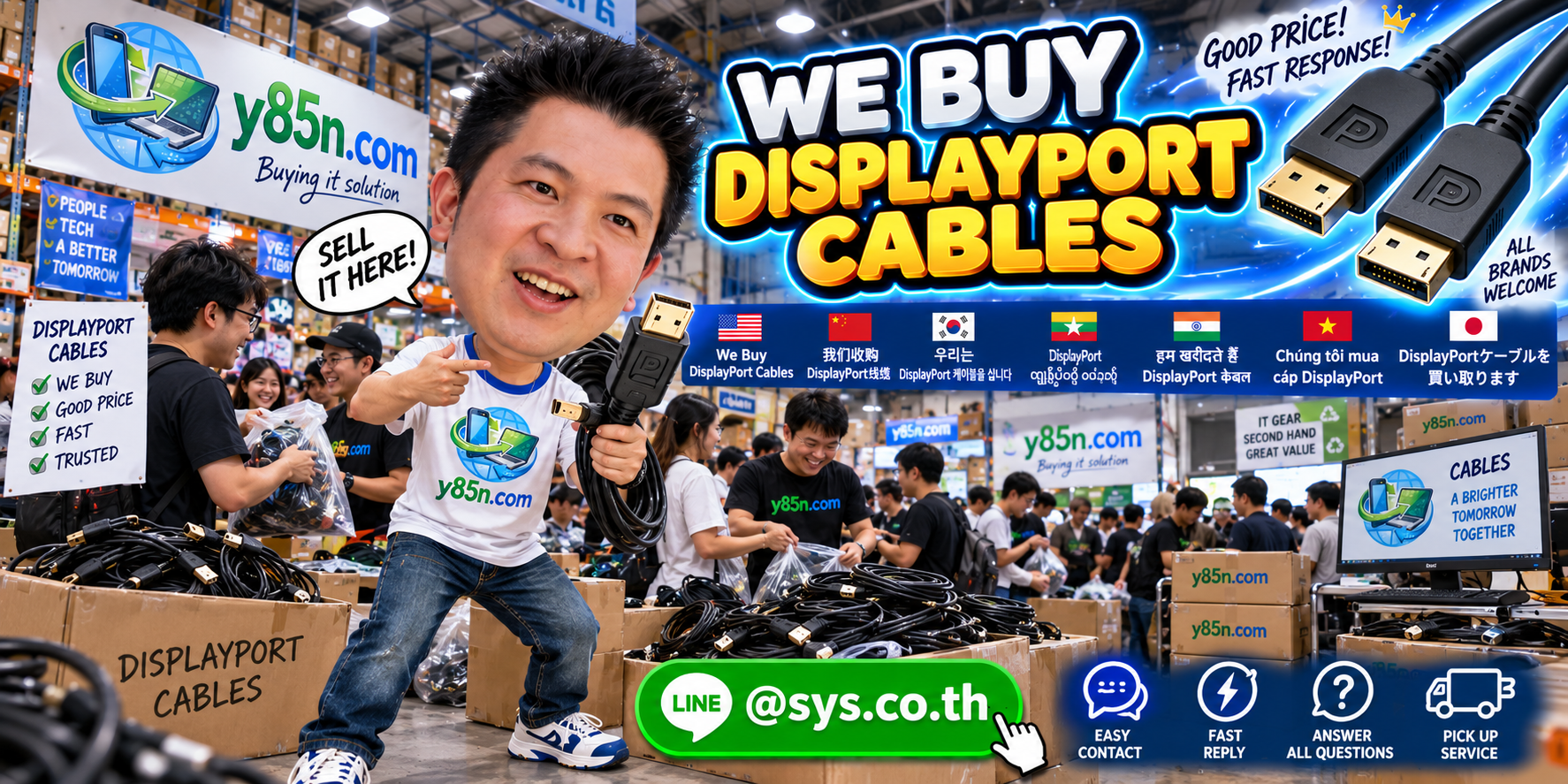 Y85N.com DisplayPort cable buying contact banner with LINE at sys.co.th