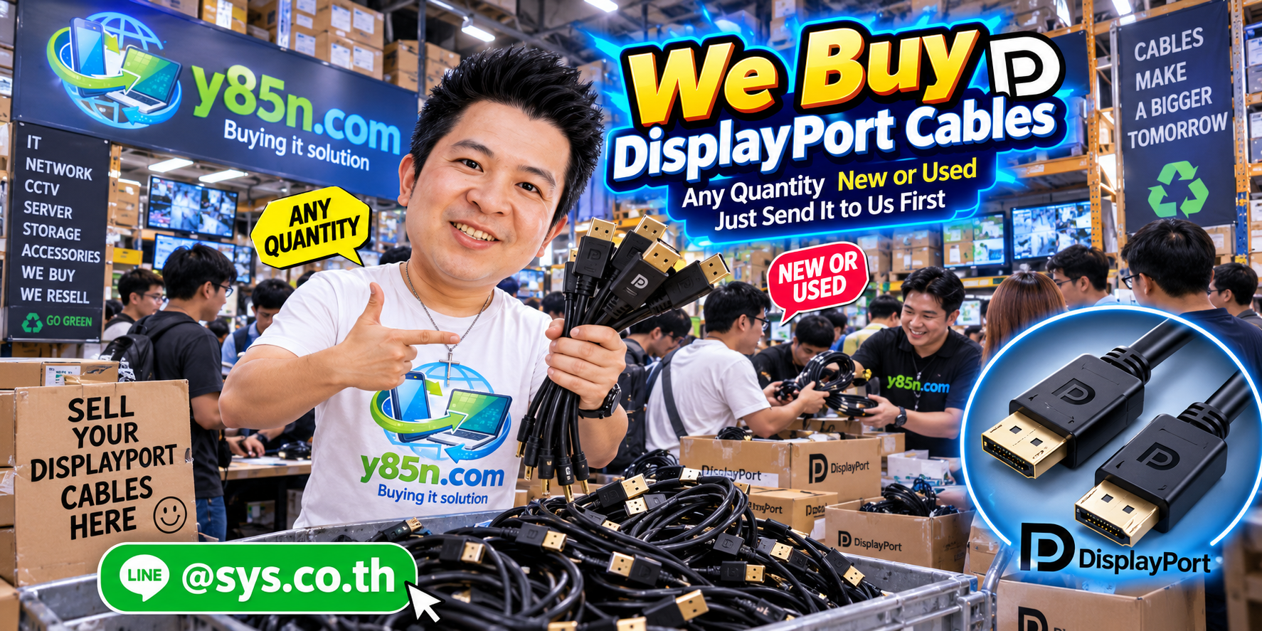 Y85N.com team and customers with DisplayPort cable inventory in a busy IT warehouse