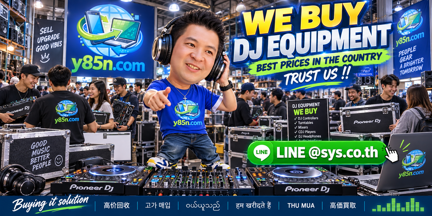 Busy Y85N.com warehouse style showroom buying used DJ equipment and professional audio gear in Thailand