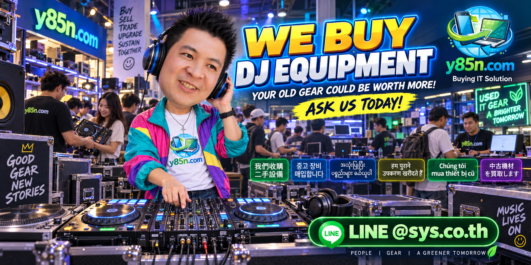 Y85N.com warehouse scene with used DJ equipment, controllers, speakers and professional audio gear