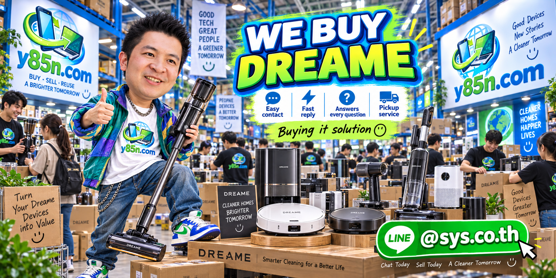 Y85N.com Dreame buying service contact banner with LINE at sys.co.th