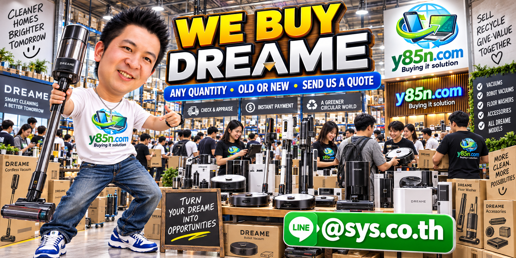 Y85N.com team and customers at a busy Dreame product buying warehouse in Thailand