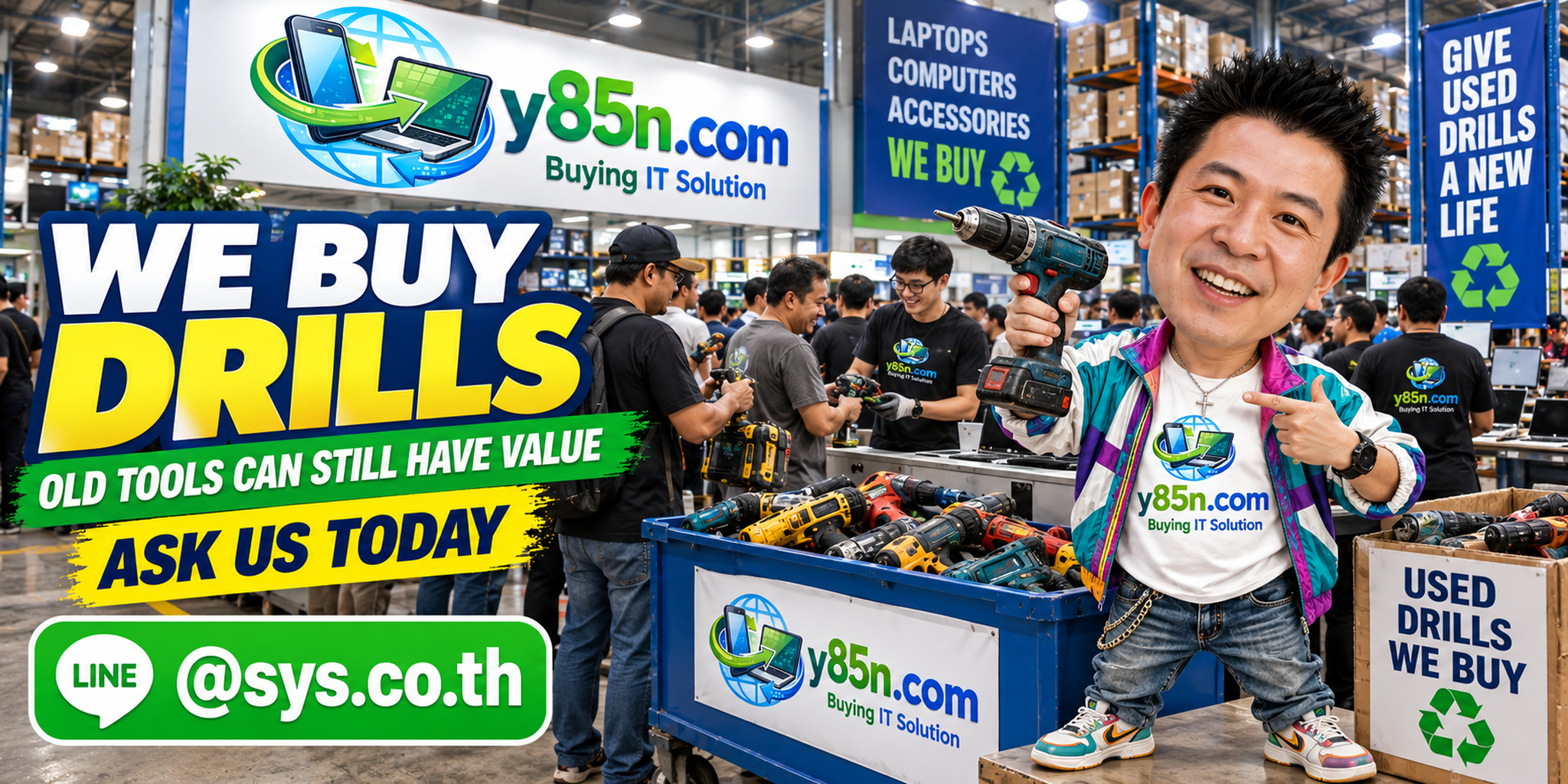 Busy Y85N.com warehouse showing a professional drill buying service in Thailand
