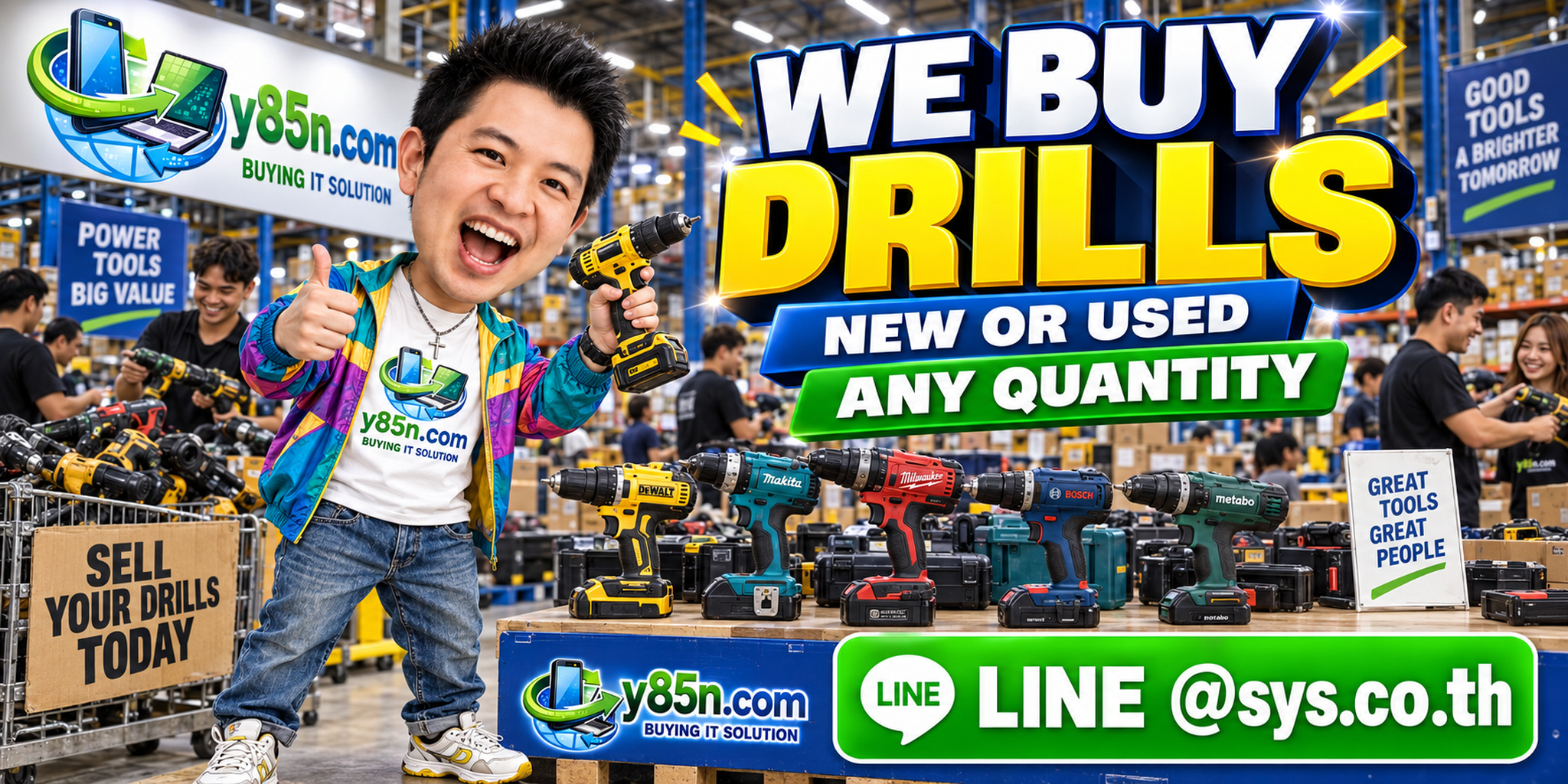 Y85N.com staff and customers at a busy warehouse buying used and bulk drills