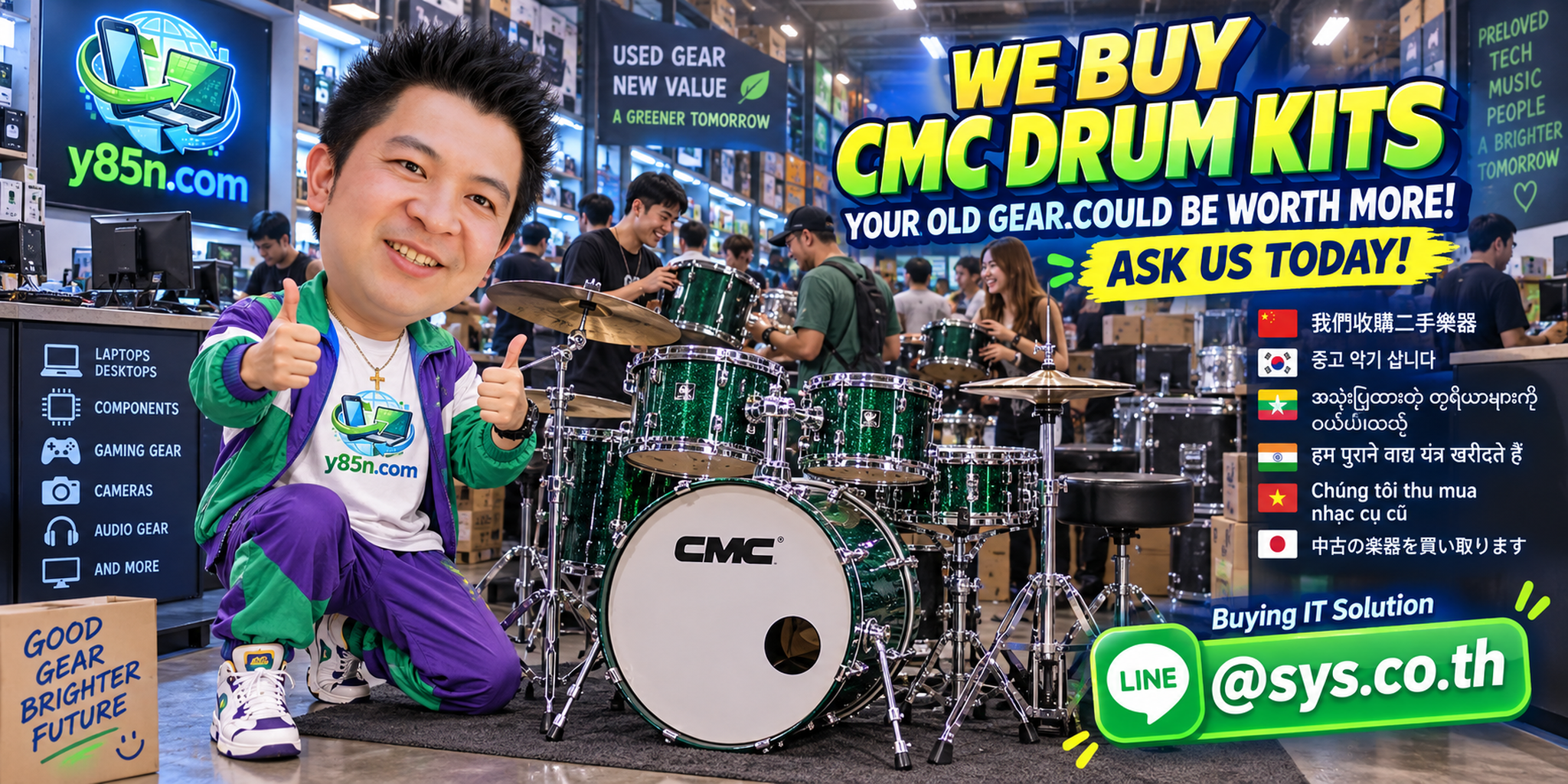 Busy Y85N.com music gear warehouse in Thailand buying CMC drum kits